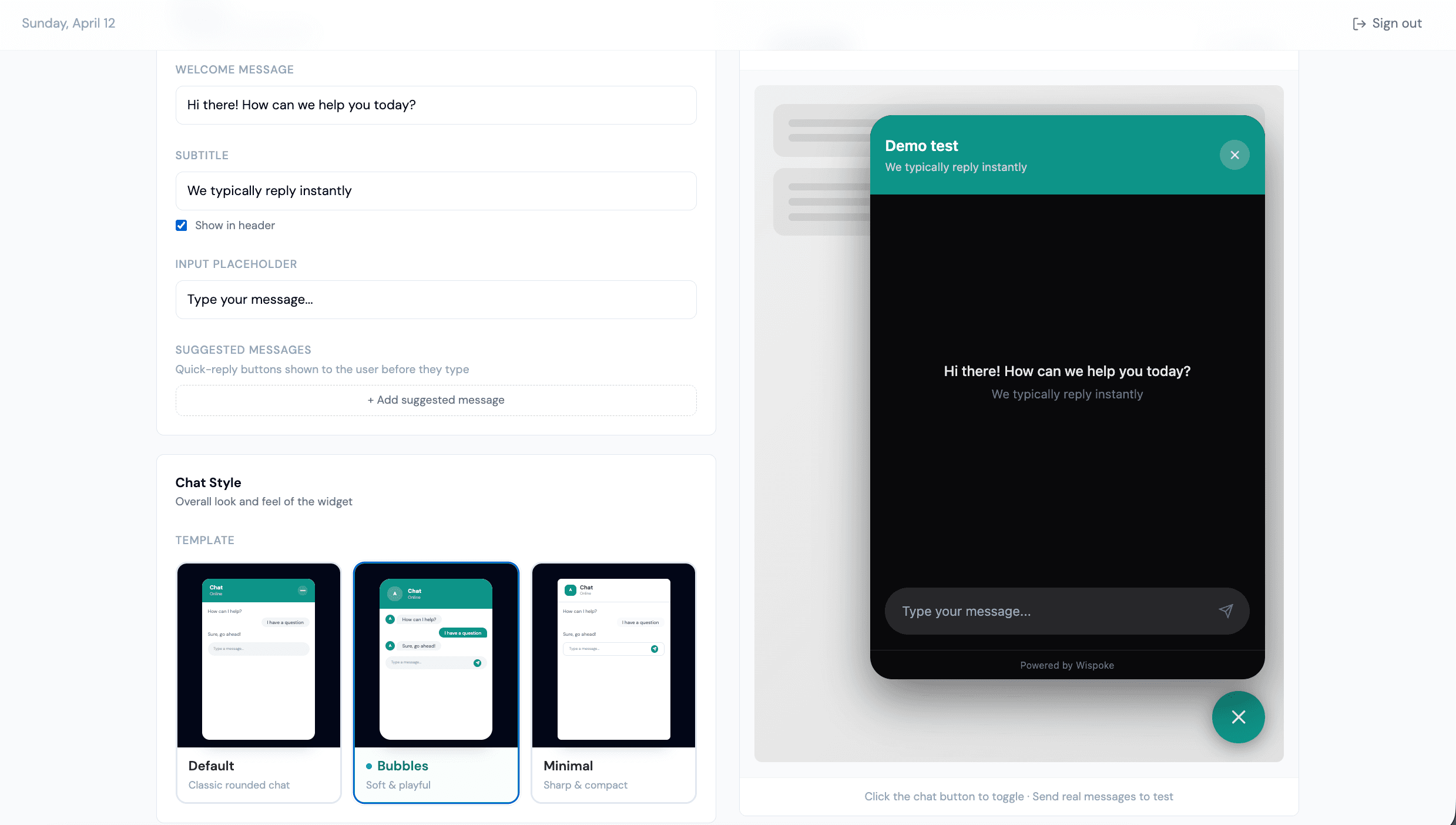Widget customization — edit colors, messages, templates, with live preview