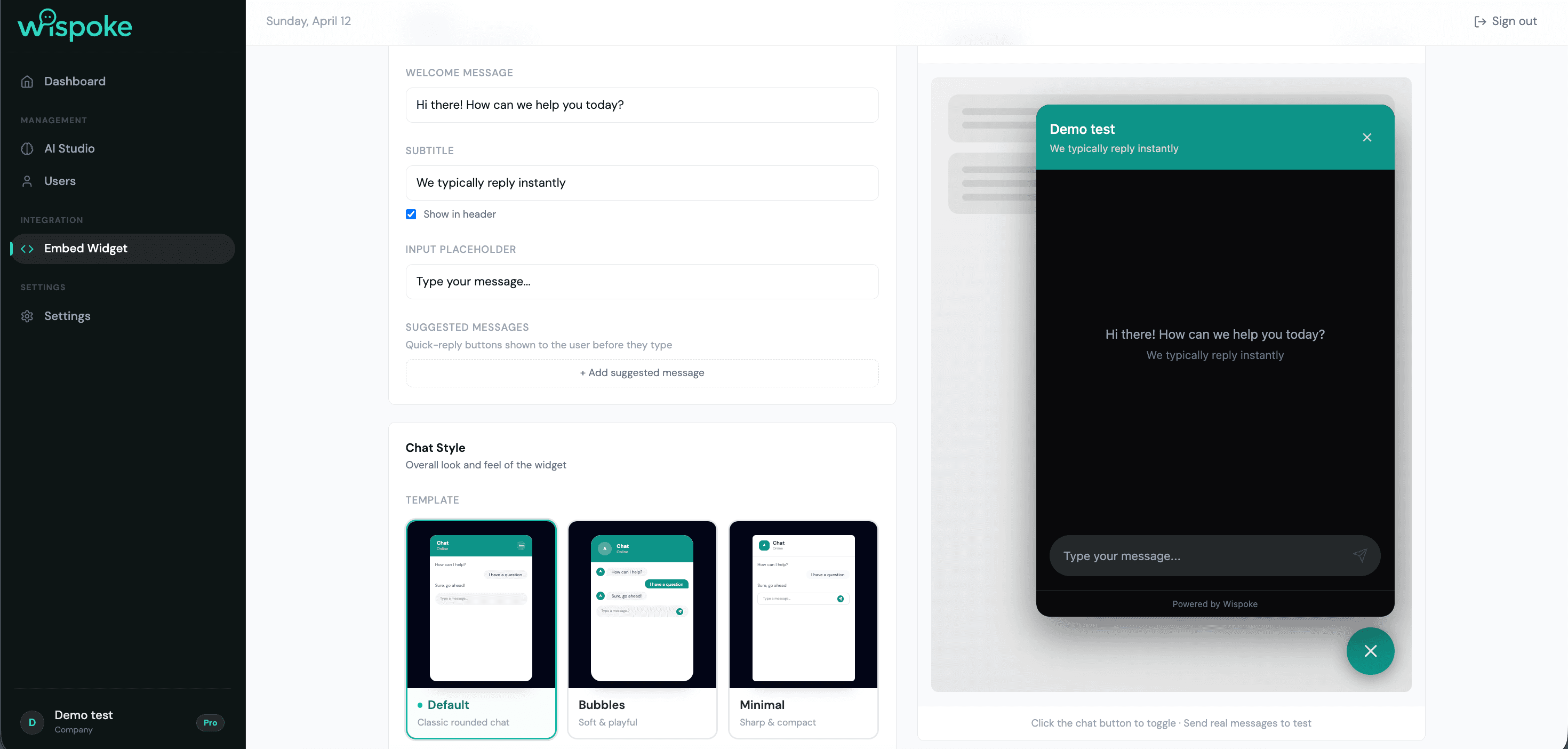 Wispoke platform — widget customization and live preview
